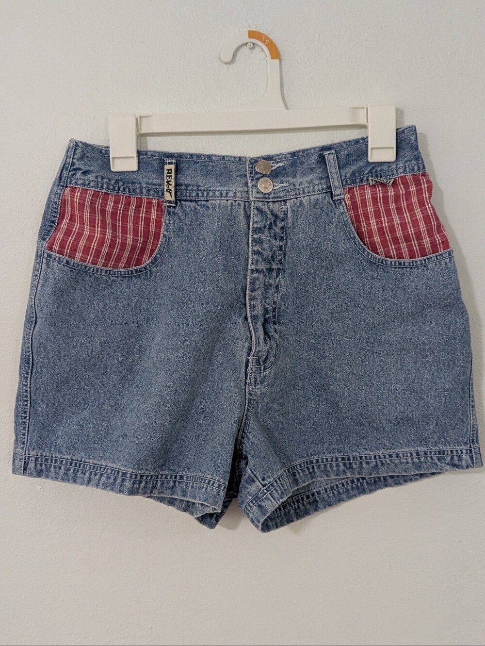 Vintage 90s Revolts Denim High Waisted Shorts Plaid Contrast Pocket Blue 27